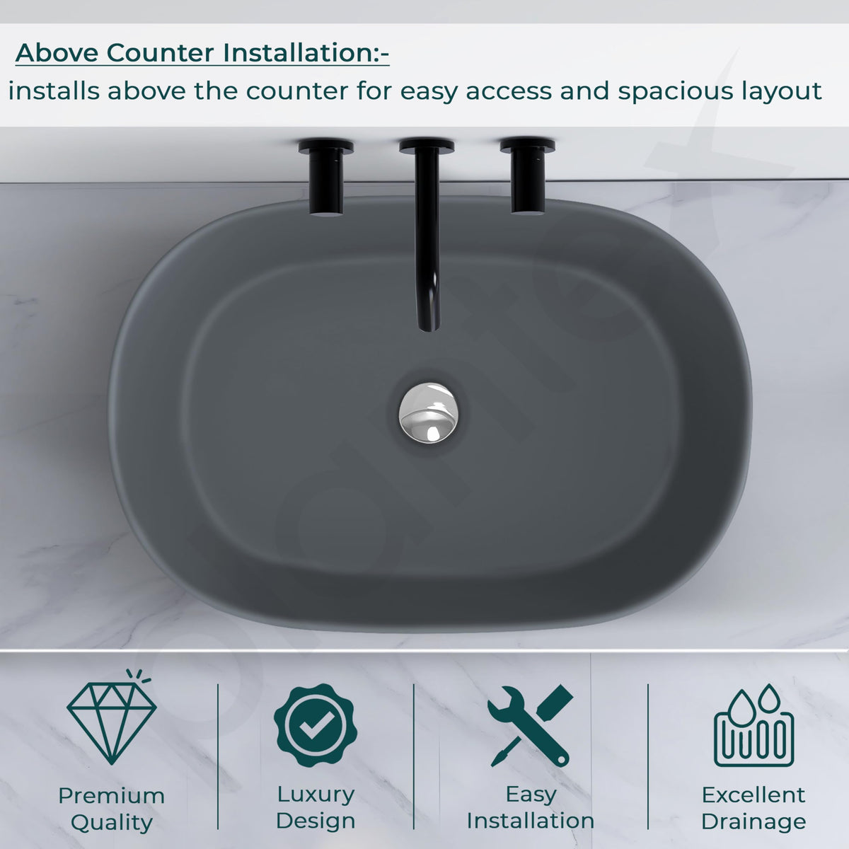Plantex Ceramic Wash Basin for Bathroom/Oval Table Top Basin/Countertop Vessel Sink for Home/Hotel (22 x 14 x 6 inch - Cloud Grey)-4