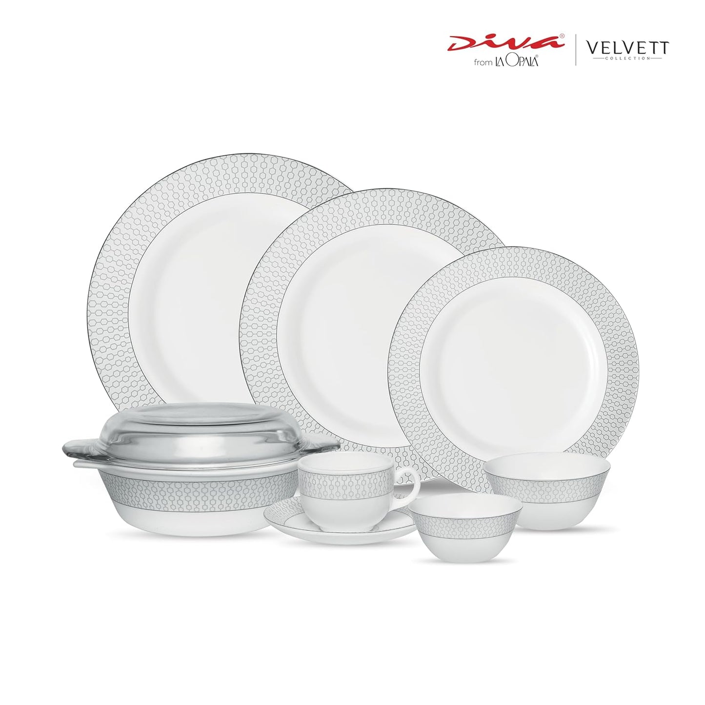 La Opala Diva Velvett Collection Opal Glass Crockery | for Family of 8 | Dinner Set 62 pcs Stella Grey | Plates & Bowls for Dining | Microwave Safe | 100% Vegetarian | Extra Strong | Light & White