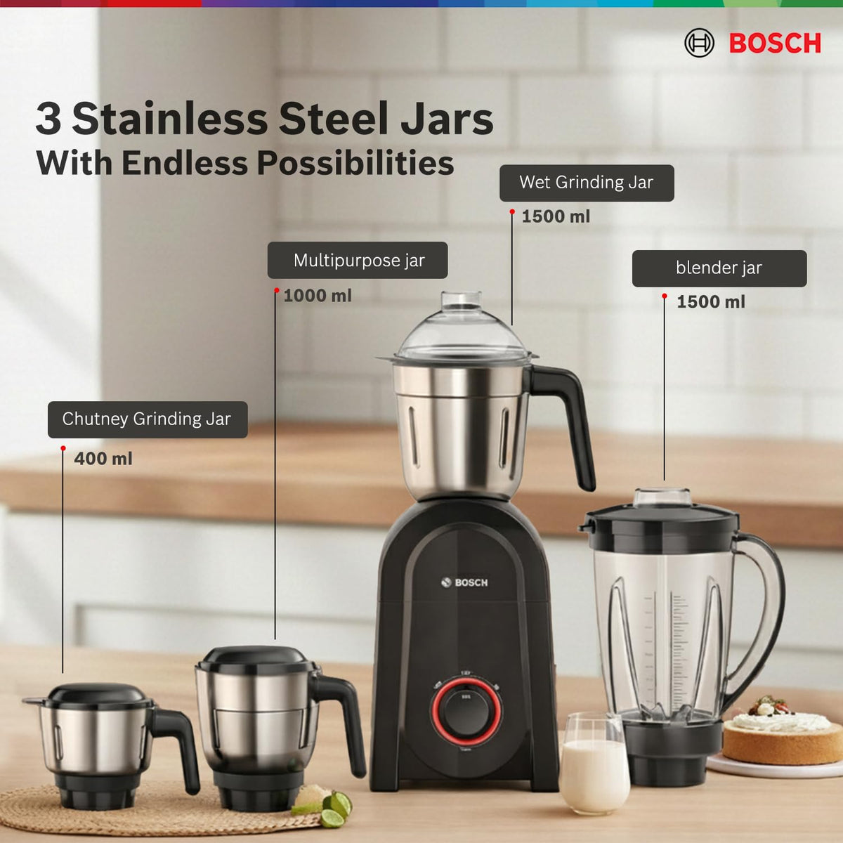 Bosch CosMixx Pro 1000W Mixer Grinder | German Engineering for Powerful & Ultra Fine Grinding | 4 Leak Proof Jars including Blender Jar | 22000 RPM Heavy Duty Motor | Overload Protection 【MG8714C4KI】