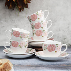 Clay Craft Fine Ceramic Cup&Saucer Set of 12 (6 Tea Cups+6 Saucers) White Pink Floral Can Be Used for Birthdays,Anniversaries,Parties,Mother,Father,Sister,Medium (Cc-Cs12-Cream-S341),180 Milliliter