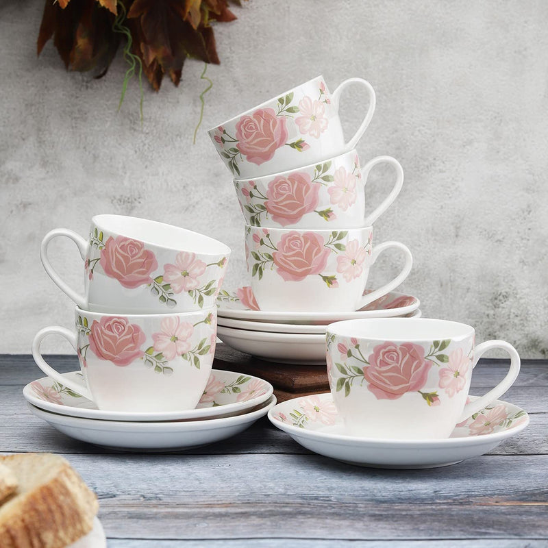 Clay Craft New Georgian Series Fine Ceramic Cup&Saucer Set of 12 (6 Cups+6 Saucers) Red&White Floral Design-Gift to Your Loved Ones On Any Occassions.,Medium (Cc-Cs12-Newgeorgian-S398) 180 Milliliter