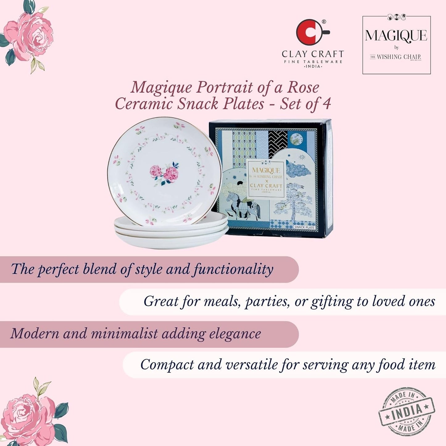 Magique by The Wishing Chair x ClayCraft : Portrait of a Rose Ceramic Plates Set of 4 | 6 Inches | Snack Plates | Elegant Lightweight Small Ceramic Plates for Appetizers & Desserts | Dishwasher Safe