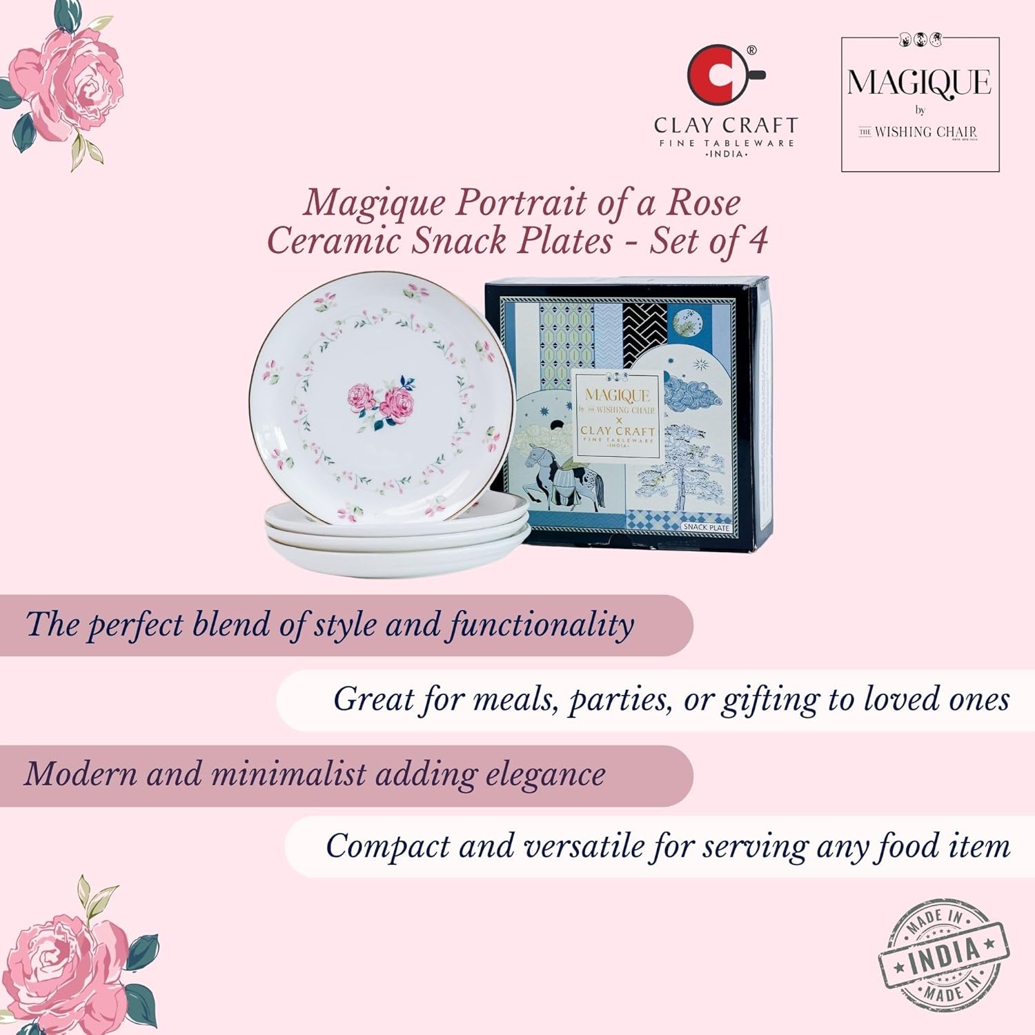 Magique by The Wishing Chair x ClayCraft : Portrait of a Rose Ceramic Plates Set of 4 | 6 Inches | Snack Plates | Elegant Lightweight Small Ceramic Plates for Appetizers & Desserts | Dishwasher Safe