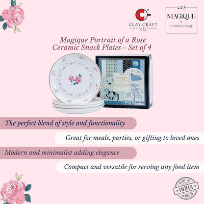 Magique by The Wishing Chair x ClayCraft : Portrait of a Rose Ceramic Plates Set of 4 | 6 Inches | Snack Plates | Elegant Lightweight Small Ceramic Plates for Appetizers & Desserts | Dishwasher Safe