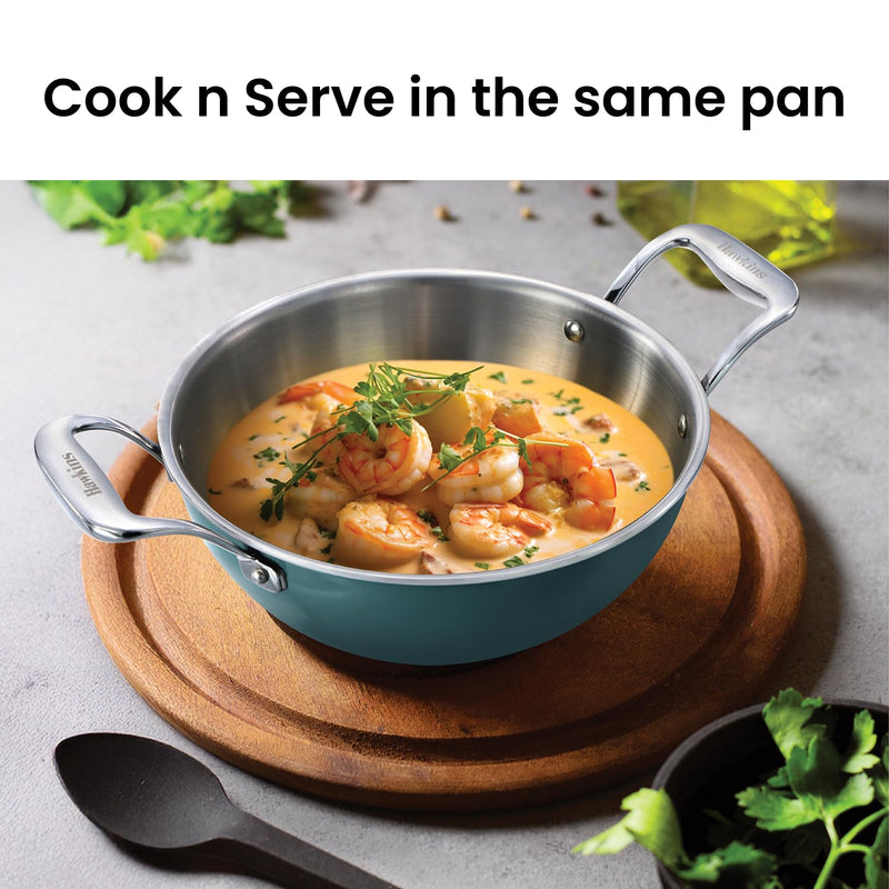 Hawkins Olive Pro 2.5 Litre Deep-Fry Pan, Triply Stainless Steel Kadhai with Stainless Steel Handles and Glass Lid, Green (POSK25G)