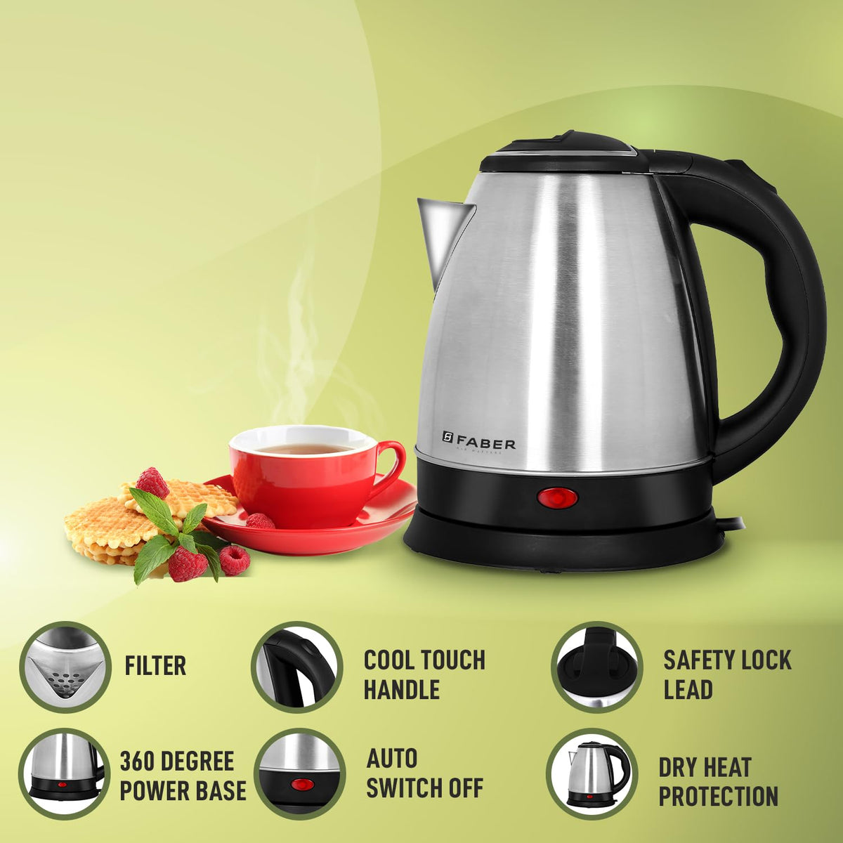 Faber 1.5L Electric Kettle | Boil Water, Make Tea, Coffee, Instant Noodles, Soup | SS Body, Cool Touch Handle, Wide Mout