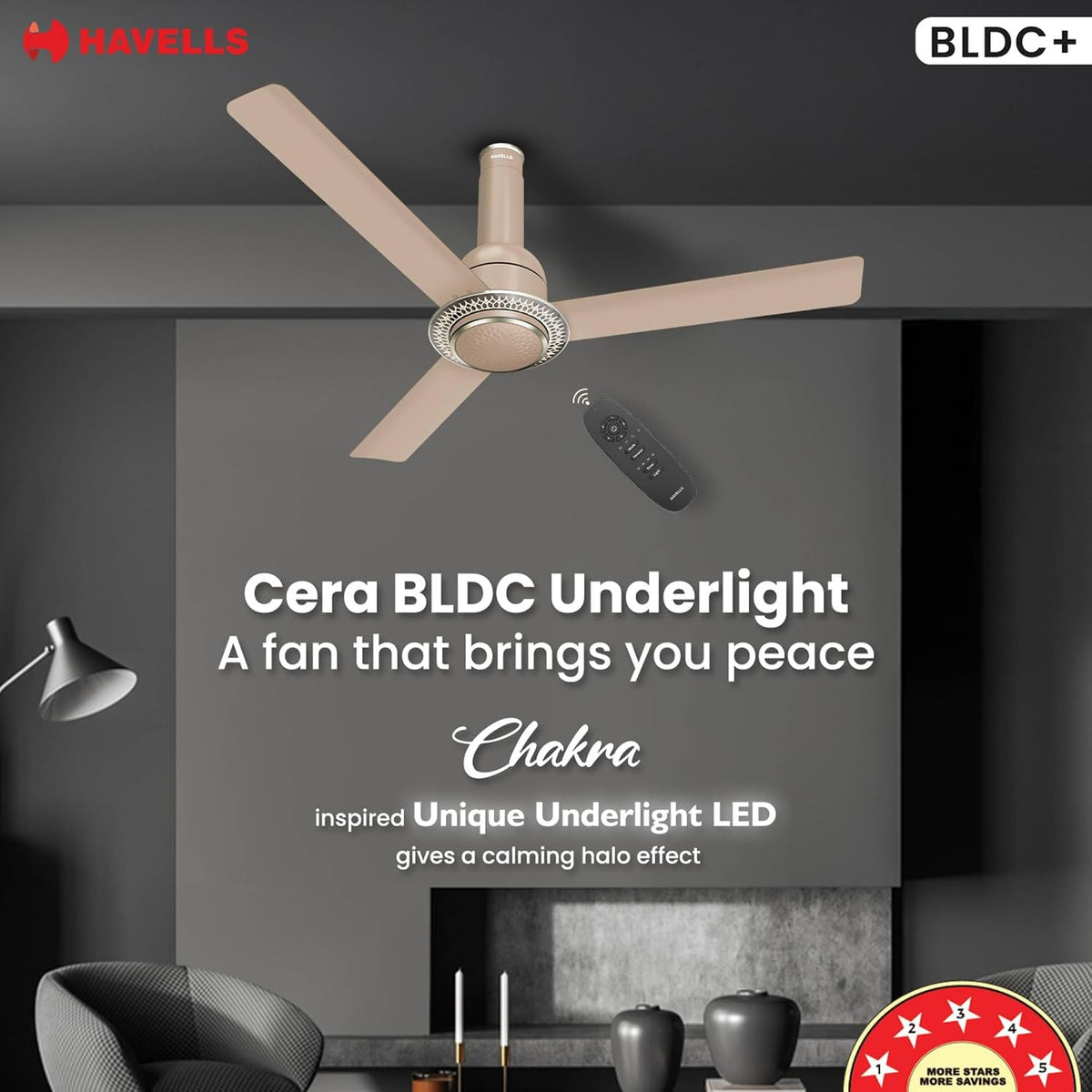 Havells CERA BLDC 1200 mm Premium Underlight Ceiling Fan with Remote (Champagne)