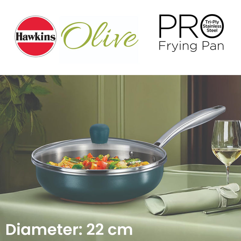 Hawkins Olive Pro 22 cm Frying Pan, Triply Stainless Steel Fry Pan with Stainless Steel Handle and Stainless Steel Lid, Green (POSF22G)