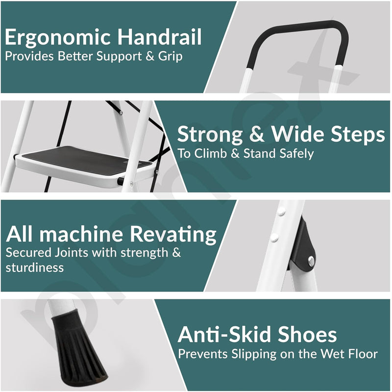 Plantex 5 Step Foldable Ladder for Home Use/Steel Ladder with Anti-Slip Shoes/Step Ladder with Double-Grip Technology(White & Black)
