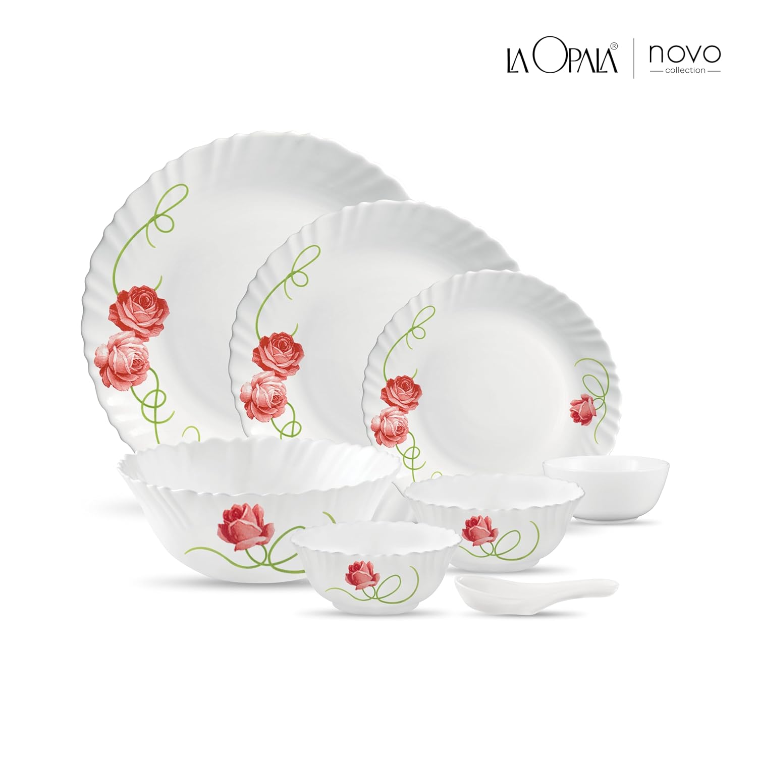 La Opala Novo Collection Opal Glass Crockery | for Family of 6 | Dinner Set 35 pcs Dainty Swirls | Plates & Bowls for Dining | Microwave Safe | 100% Vegetarian | Extra Strong | Light & White