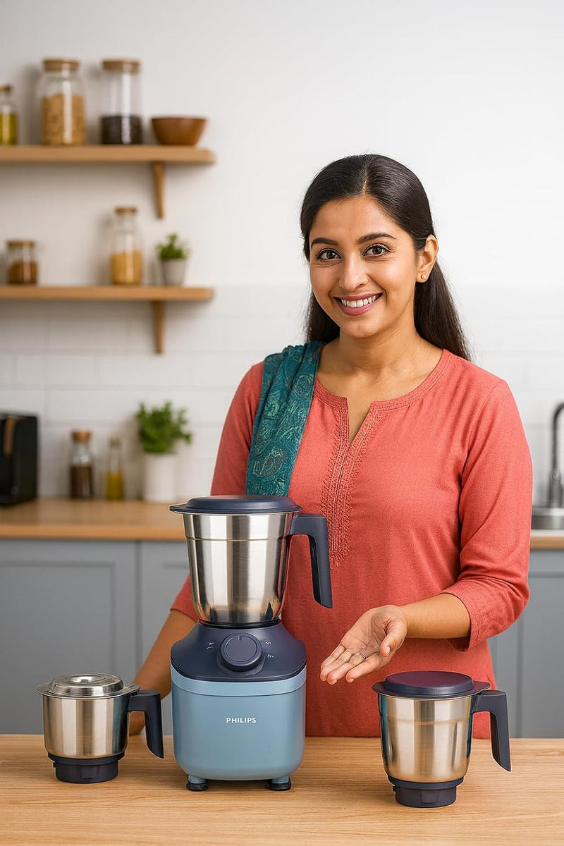 Philips HL7773/01 800-Watt Mixer Grinder with MicroGrind Technology | 3 Stainless Steel Jars (1.5L, 1L, 0.3L) | 3-Speed Control | Durable Plastic Body | Blue Colour | 2-Year Warranty