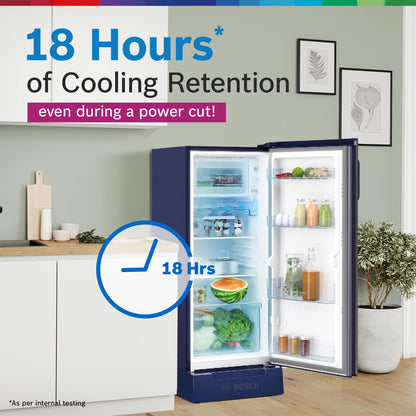 Bosch 187 L, 3 Star, Single Door Refrigerator with Industry's largest base drawer, vegetable box* & Beverage space (CST18B33PI, Feather Blue) 18 Hr Cooling Retention, 2.5x Cooling, inverter compressor