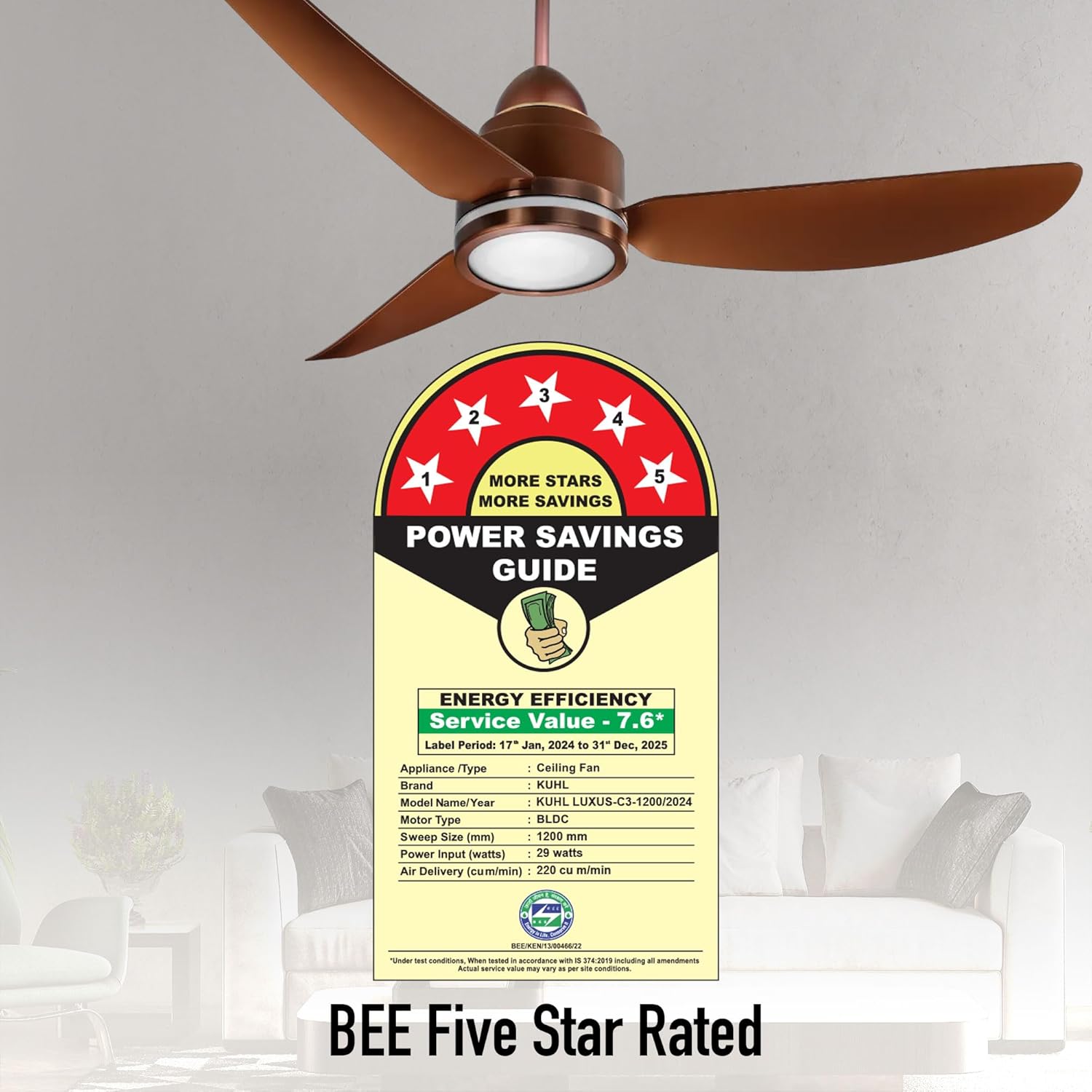 KUHL Luxus C3 1200mm Stylish 65% Power Saving BLDC Ceiling Fan with Remote | Night & Down Light | 29W |BEE 5 Star | Low Noise | IoT –Operate via Mobile & Alexa | Reverse Mode |Free Installation|Brown