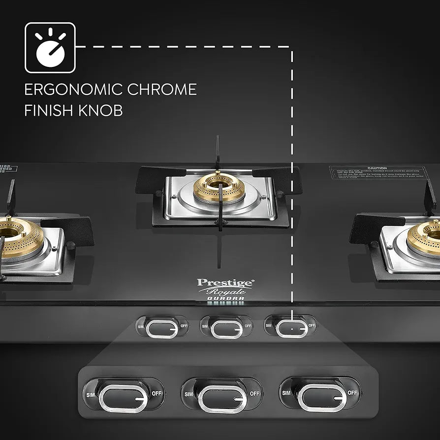 Prestige Royale Quadra 3Burner Gas Stove|Superior Toughened Glasstop with 5-Year Warranty| 3-Way Nozzle Design|Tri-Pin Jumbo Burner |Uniquely Designed Pan Support |Elegantly Designed Knobs|Black