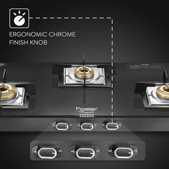 Prestige Royale Quadra 3Burner Gas Stove|Superior Toughened Glasstop with 5-Year Warranty| 3-Way Nozzle Design|Tri-Pin Jumbo Burner |Uniquely Designed Pan Support |Elegantly Designed Knobs|Black