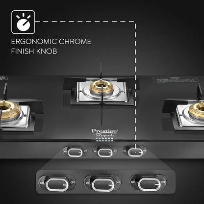 Prestige Royale Quadra 3Burner Gas Stove|Superior Toughened Glasstop with 5-Year Warranty| 3-Way Nozzle Design|Tri-Pin Jumbo Burner |Uniquely Designed Pan Support |Elegantly Designed Knobs|Black