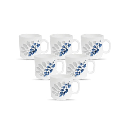 La Opala Diva, Pearl Collection Opal Glass Crockery | Coffee Mug Regular, Set of 6 | Indigo Bliss, 190 ml | for Tea & Coffee | Microwave Safe | 100% Vegetarian | Extra Strong | Super Light & White