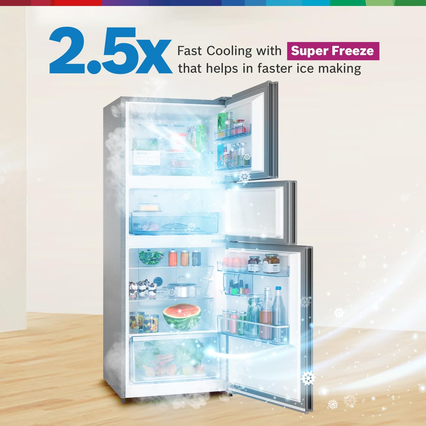 BOSCH MaxFlex Convert 302 L 3 Star Inverter Frost Free Triple Door Refrigerator (CMC33K03NI, 8-in-1 Convertible, UV Protected Body Shield, VitaFresh Technology, Adaptive UI, Sparkly Steel)