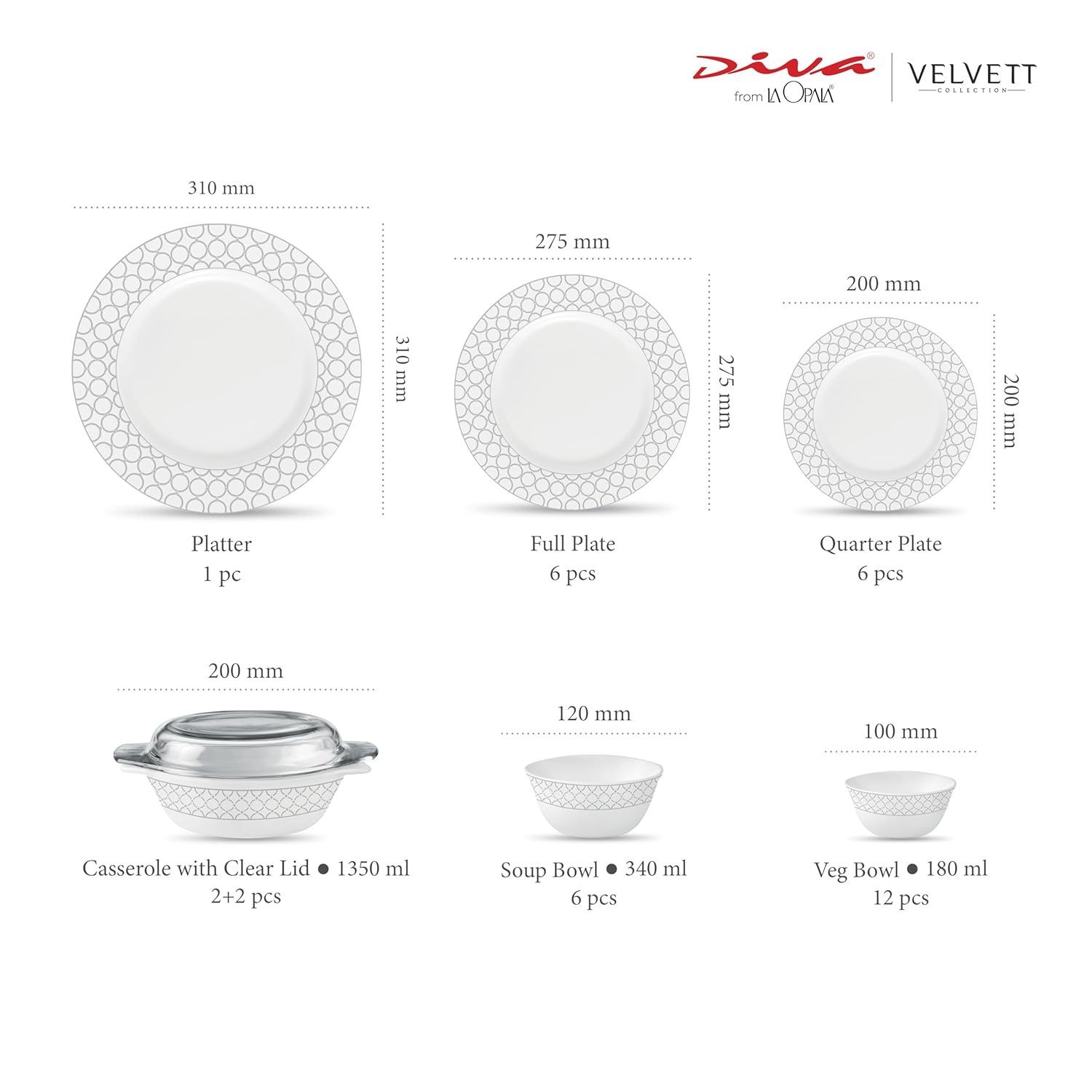 La Opala Diva Velvett Collection Opal Glass Crockery | for Family of 6 | Dinner Set 35 pcs Pearl Grey | Plates & Bowls for Dining | Microwave Safe | 100% Vegetarian | Extra Strong | Light & White