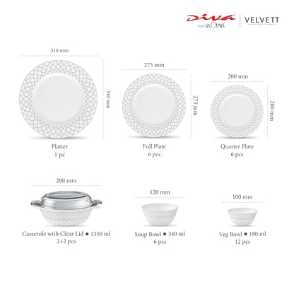 La Opala Diva Velvett Collection Opal Glass Crockery | for Family of 6 | Dinner Set 35 pcs Pearl Grey | Plates & Bowls for Dining | Microwave Safe | 100% Vegetarian | Extra Strong | Light & White
