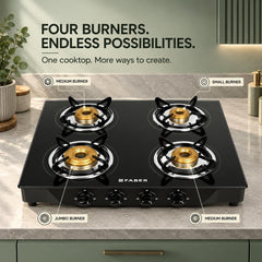 Faber Jumbo Glass Top 4 Burner Gas Stove, Manual Ignition (Jumbo 4BB BK), Black