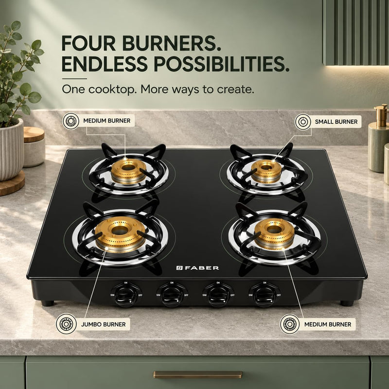 Faber Jumbo Glass Top 4 Burner Gas Stove, Manual Ignition (Jumbo 4BB BK), Black