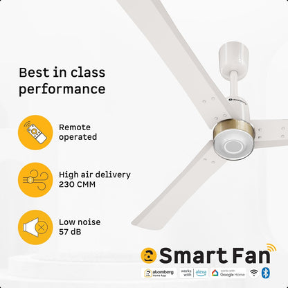atomberg Renesa Elite Smart 1200mm Voice Enabled BLDC Ceiling Fan with Remote Control | BEE 5 star | High Air Delivery with Moonbeam LED Light | Designer Fan | 5 Year Warranty | Pearl White