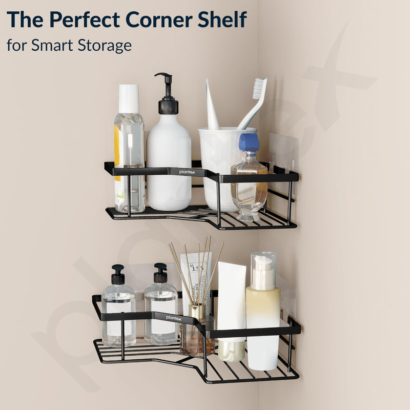 Plantex Corner Shelf for Bathroom/GI Steel Adhesive Bathroom Corner Shelf Rack/Multipurpose Corner Shelves and Racks/Wall Adhesive Shelf/Bathroom Accessories Set-Pack of 2 (Black)-5