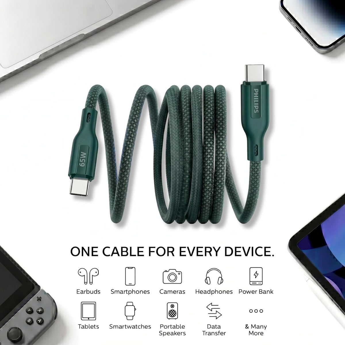 Philips DLC4160CT/94 65W Type-C to Type-C Fast Charging Cable (2m, Crystal Teal)