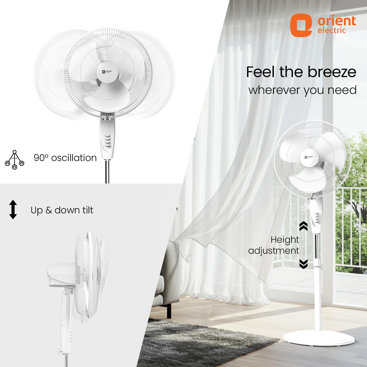 Orient Electric Stand 87 Pedestal Fan | High Speed 2100 RPM 95 CMM | 100% Copper Motor | 90 Degree Oscillation and Tilt | Adjustable Height | 3 Speed | Military Grade Guard| White