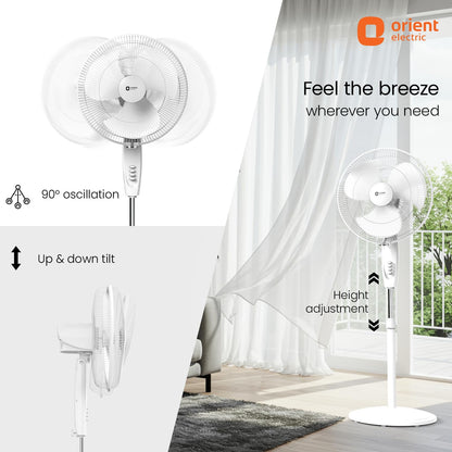 Orient Electric Stand 87 Pedestal Fan | High Speed 2100 RPM 95 CMM | 100% Copper Motor | 90 Degree Oscillation and Tilt | Adjustable Height | 3 Speed | Military Grade Guard| White