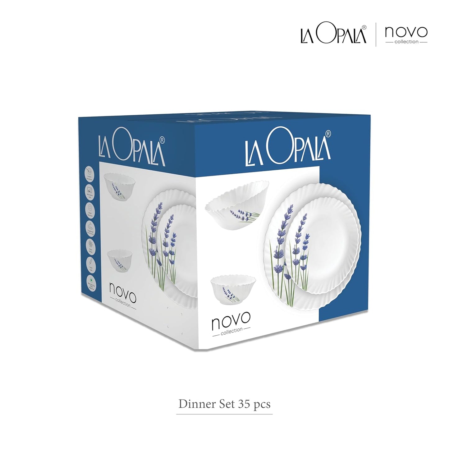 La Opala Novo Collection Opal Glass Crockery | for Family of 6 | Dinner Set 35 pcs Petite Roses | Plates & Bowls for Dining | Microwave Safe | 100% Vegetarian | Extra Strong | Light & White