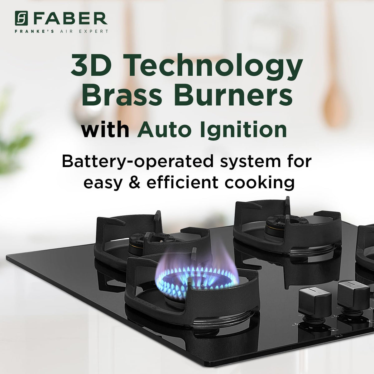 Faber 4 Burner 65cm Eros Hob |Auto-Ignition|Metal Knobs| Cast Iron Pan Support |Hob/Cooktop Hybrid| Black Glass Finish |