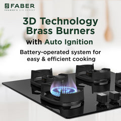 Faber 4 Burner 65cm Eros Hob |Auto-Ignition|Metal Knobs| Cast Iron Pan Support |Hob/Cooktop Hybrid| Black Glass Finish |