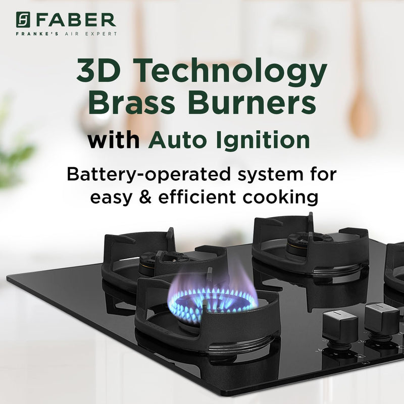 Faber 4 Burner 90cm Eros Hob |Auto-Ignition|Metal Knobs| Cast Iron Pan Support |Hob/Cooktop Hybrid| Black Glass Finish |
