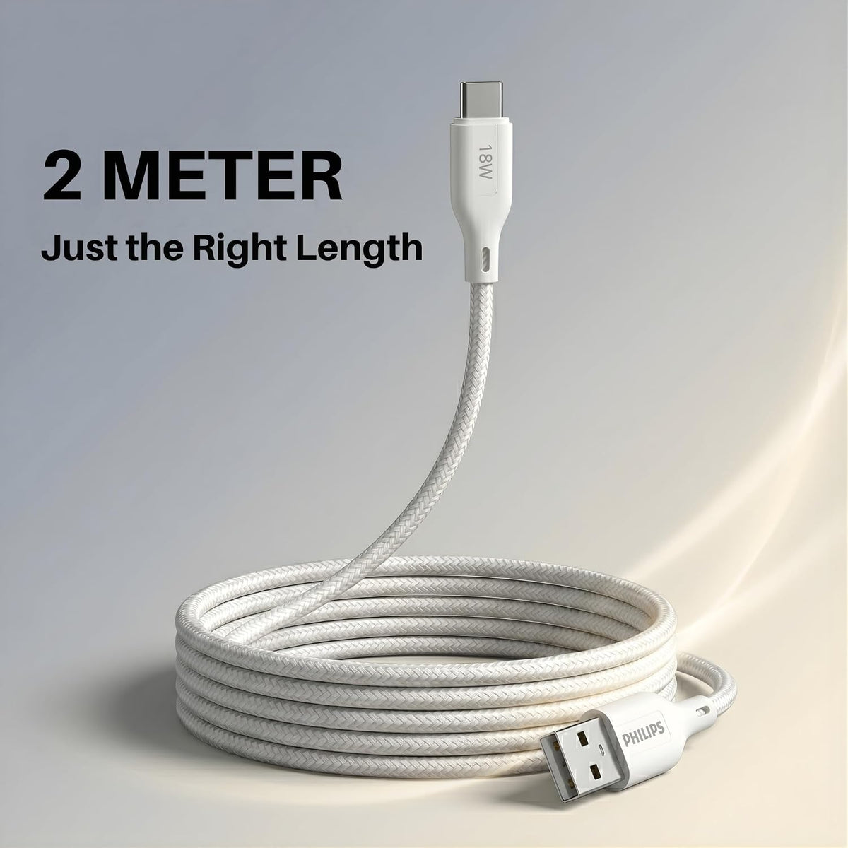 Philips DLC4160AW/94 18W Type-A to Type-C Fast Charging Cable (2m, Bright White)