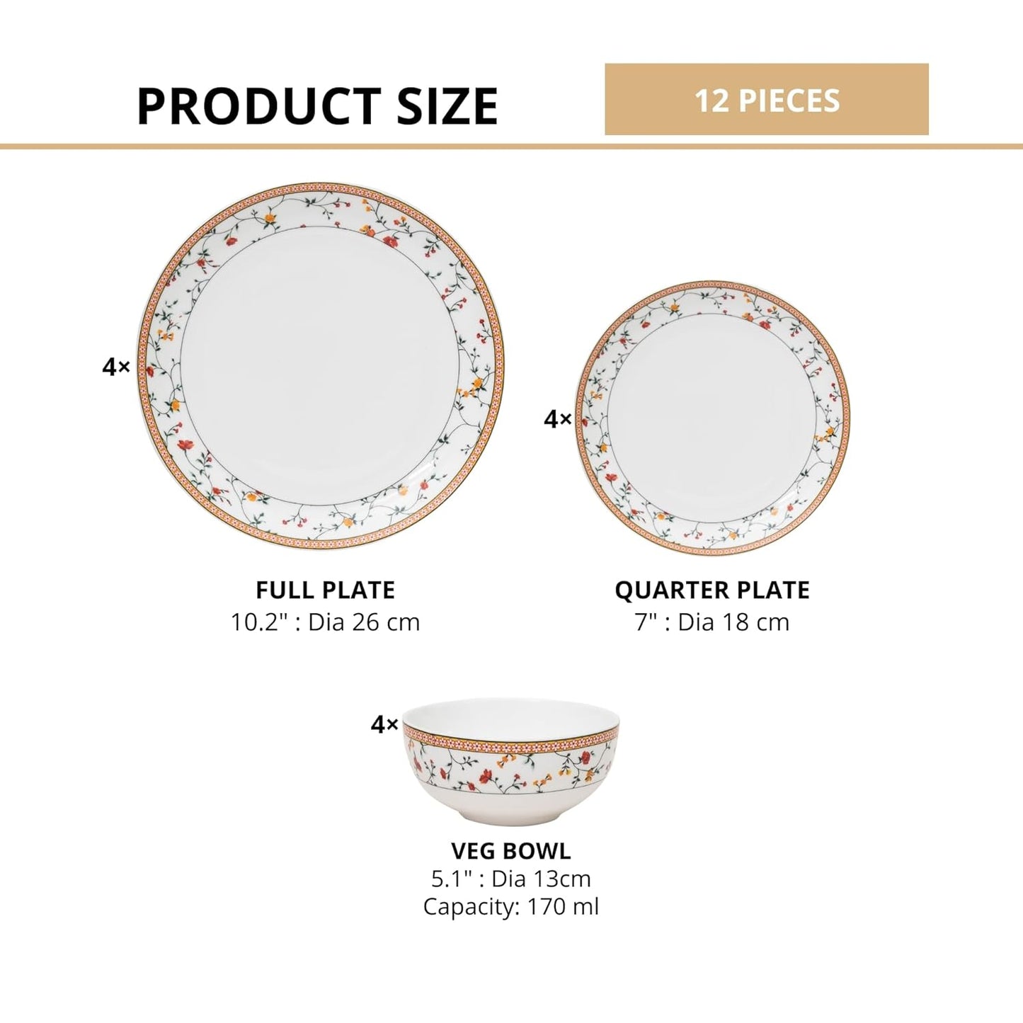 Clay Craft Fine Ceramic Eco Dinner Set, Enchanting Gold, for Family of 4, Dinner Set Ceramic, Crockery Set, Dining Set for Dinner, Crockery Set for Gift, Kitchen Set (ECO1, 12 Pieces)