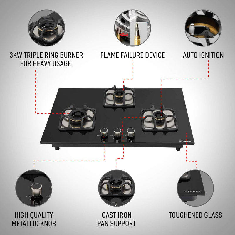 Faber Mild Steel Hobtop Imperia Plus 783 BRB Ci Bk 3 Brass Auto Ignition Burner Auto Electric Ignition Glass Top (Black)