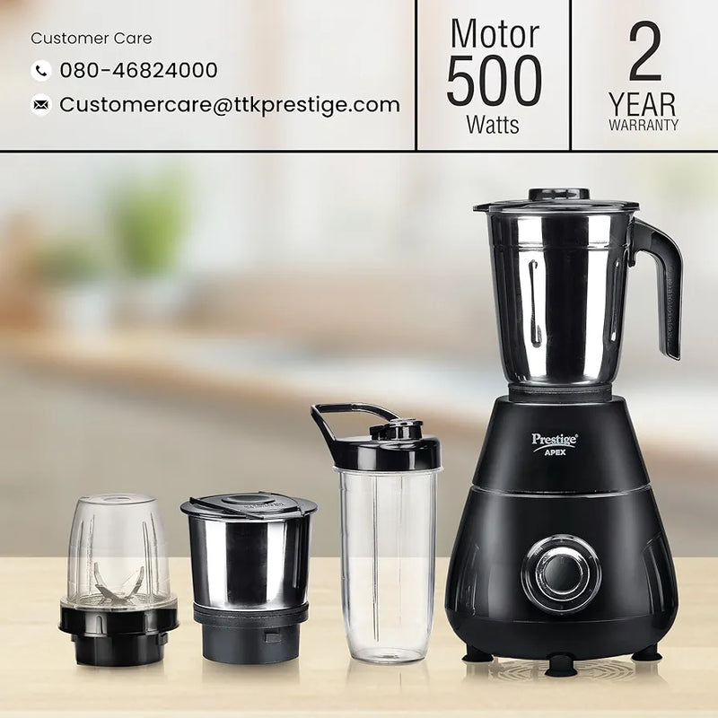 Prestige Apex Blendo 500W 4Jars Mixer Grinder|2 Full Size Stainless Steel Jar|2 Nutri-Blend Jar|3 Super Efficient Blades|Black
