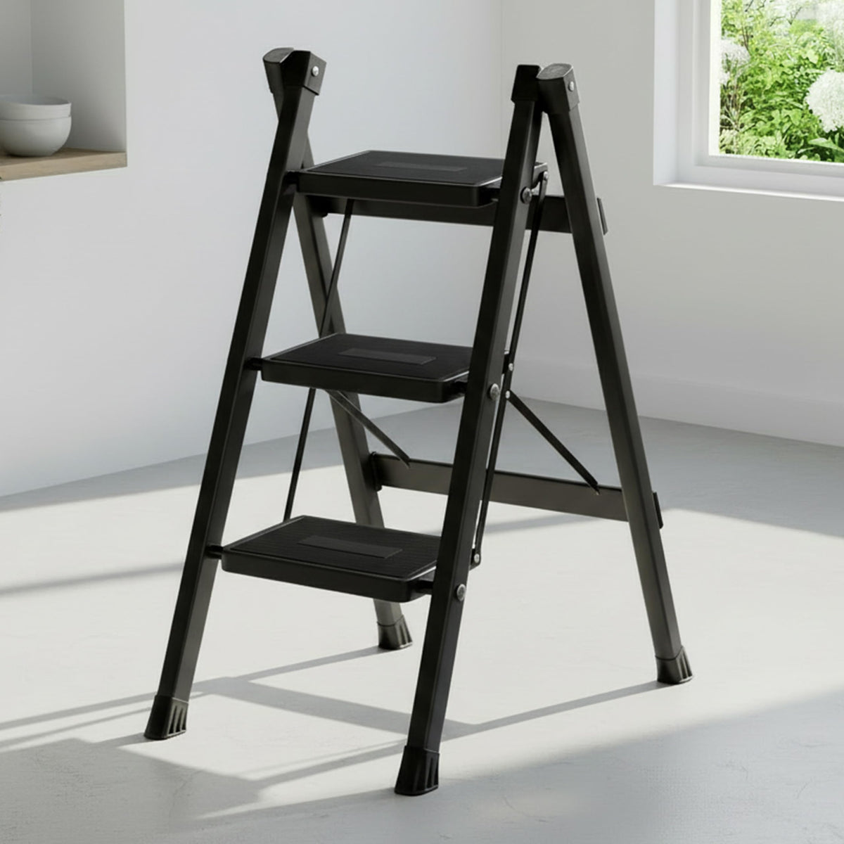 Plantex 3 Step Ladder for Home Use/Wide Anti-Slip Heavy-Duty Step Stool/Lightweight Kitchen Ladder 3 Step (Black)