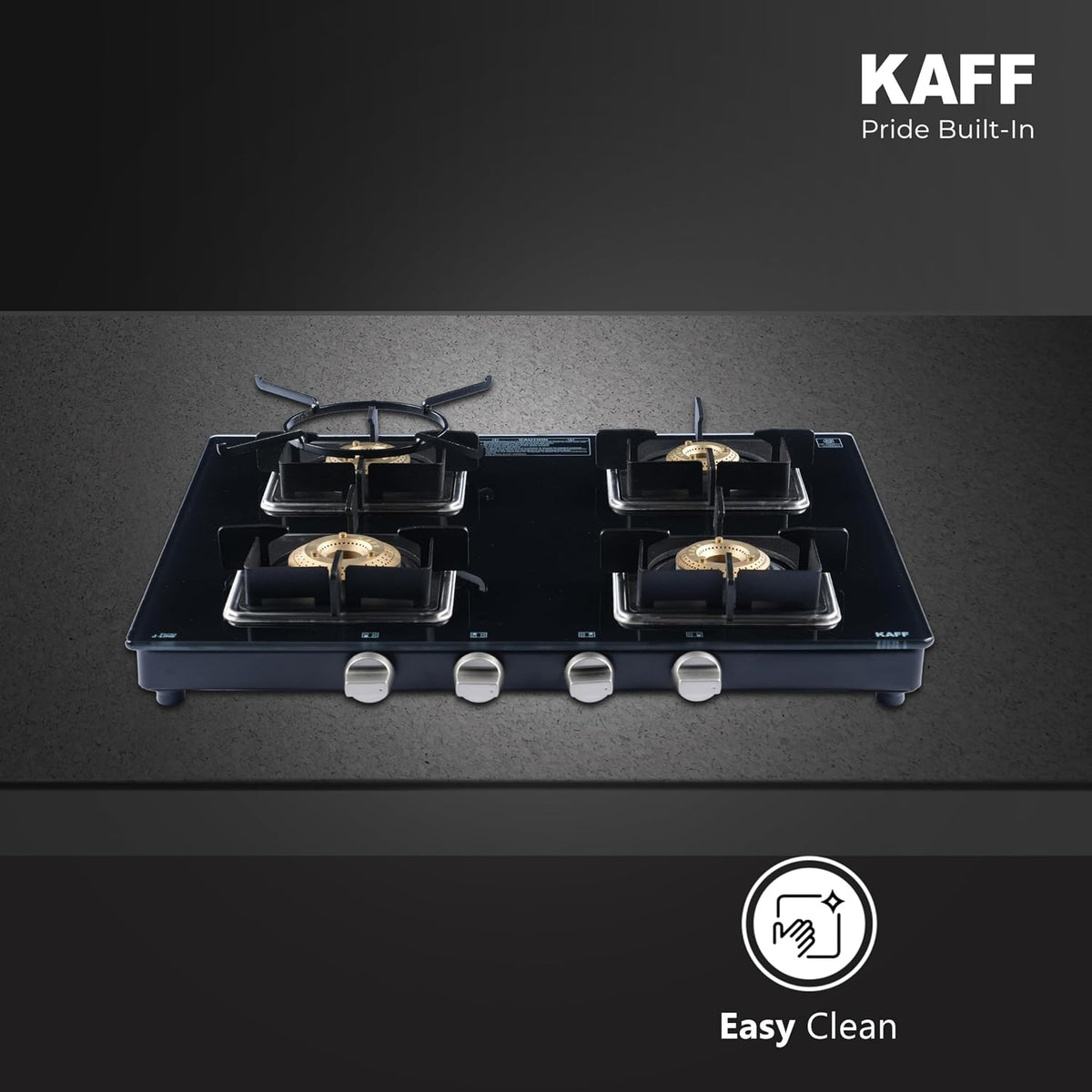Kaff 77cm 3 Burner Glass Gas Stove | High Efficiency Brass Burners | 8mm Black Toughened Glass | Cast Iron Pan Support |