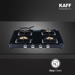 Kaff 77cm 3 Burner Glass Gas Stove | High Efficiency Brass Burners | 8mm Black Toughened Glass | Cast Iron Pan Support |
