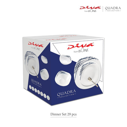 La Opala Diva, Quadra Collection, Opal Glass Dinner Set 29 pcs, Summertide, White