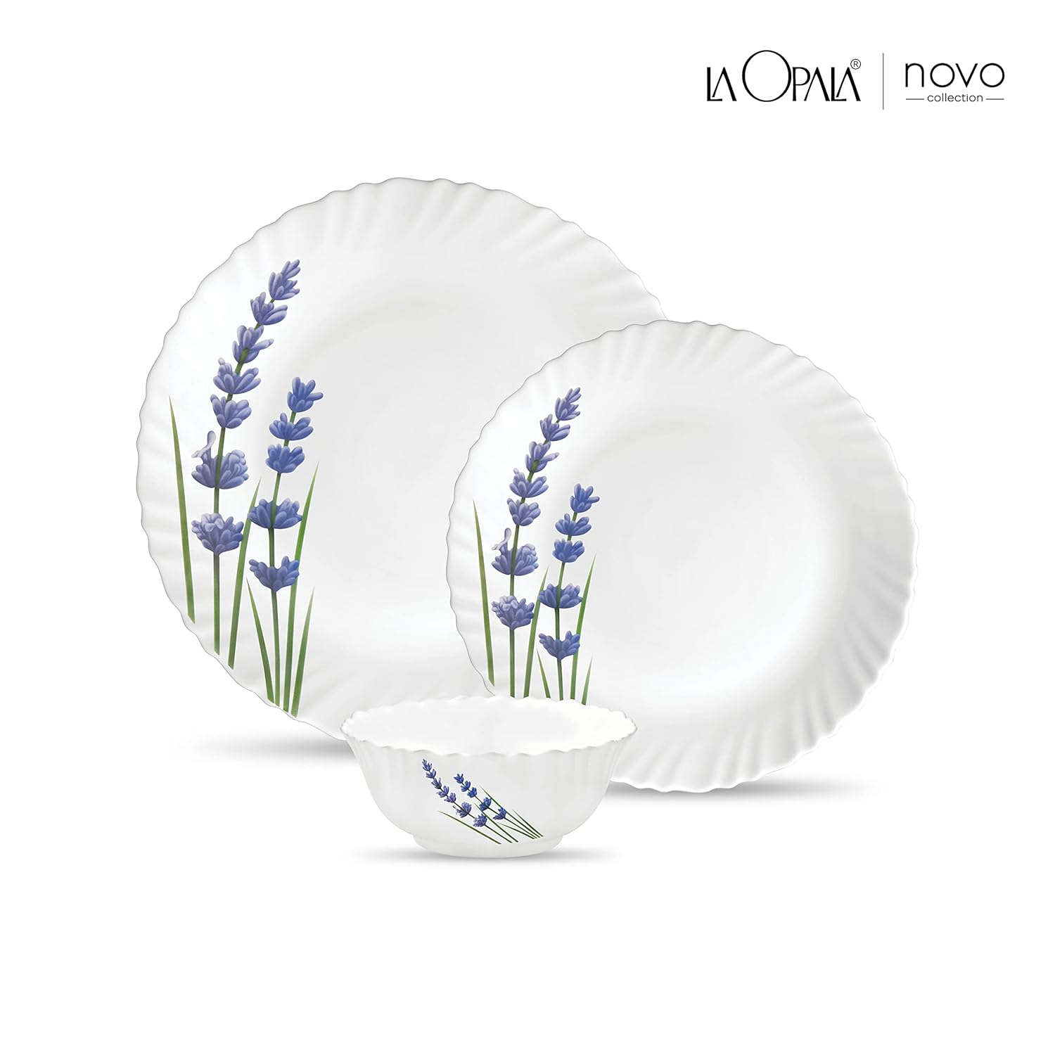 La Opala Novo Collection Opal Glass Crockery | for Family of 6 | Dinner Set 18 pcs English Lavender | Plates & Bowls for Dining | Microwave Safe | 100% Vegetarian | Extra Strong | Light & White