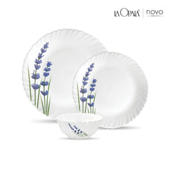 La Opala Novo Collection Opal Glass Crockery | for Family of 6 | Dinner Set 18 pcs English Lavender | Plates & Bowls for Dining | Microwave Safe | 100% Vegetarian | Extra Strong | Light & White