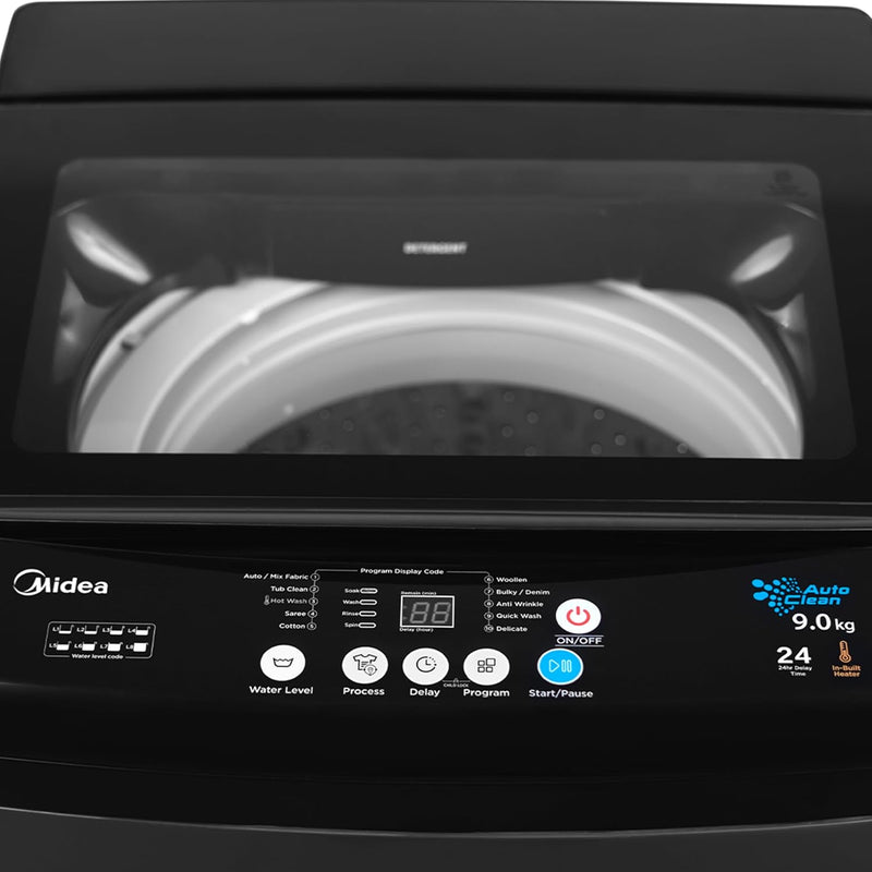 Midea 9 Kg 5 Star, Self Clean Drum Technology, Fully Automatic Top Load Washing Machine with Inbuilt Heater, 10 Wash Programs (MWMTL090FP1GHMB, Metal Body Mid Black)