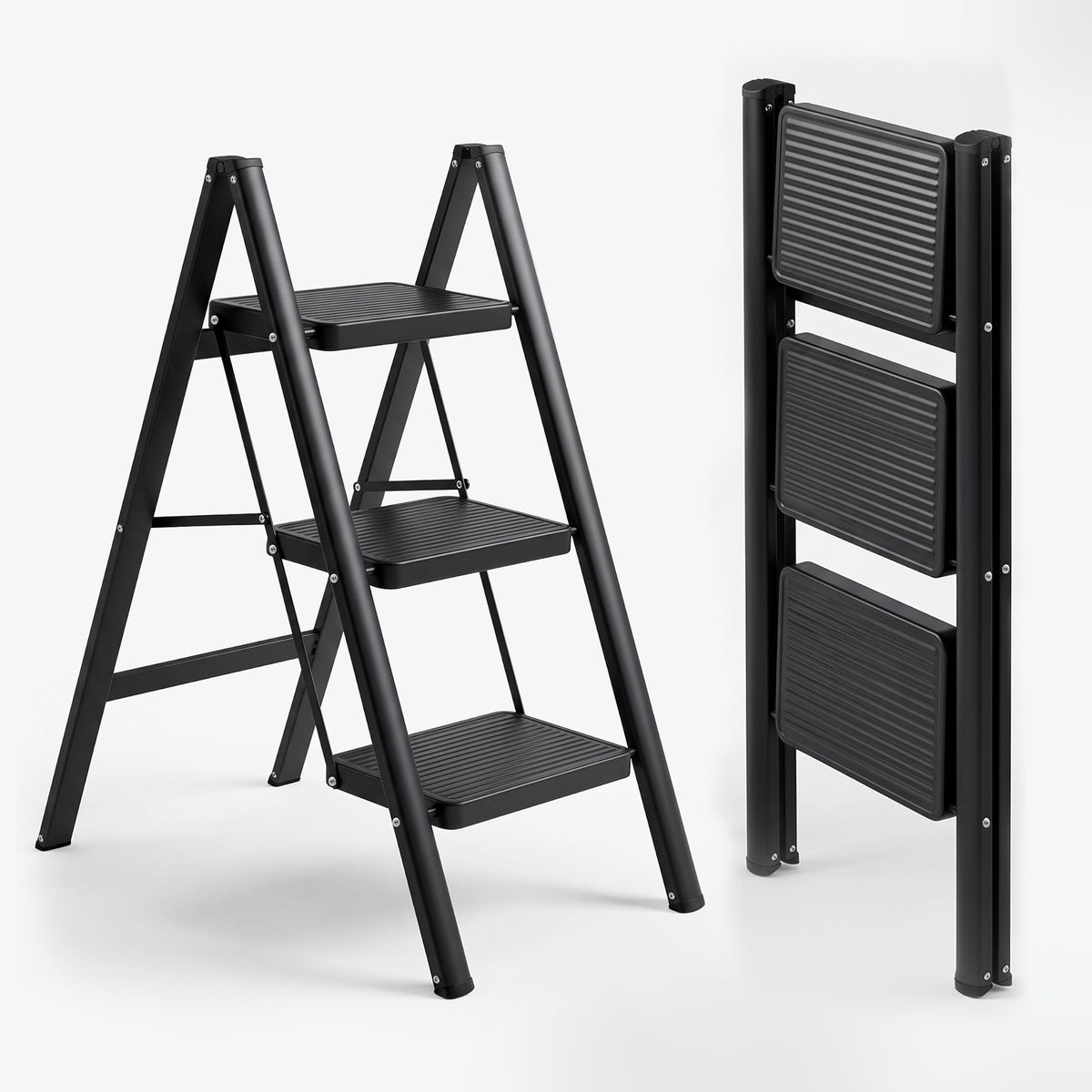 Corvids 2-Step Heavy-Duty Carbon Steel Step Stool, 2-Year Warranty, Anti-Slip Wide Steps, Portable Multipurpose Folding Step Ladder for Home, Kitchen & Office Use (Black)