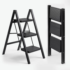 Corvids 4-Step Heavy-Duty Carbon Steel Step Stool, 2-Year Warranty, Anti-Slip Wide Steps, Portable Multipurpose Folding Step Ladder for Home, Kitchen & Office Use (Black)