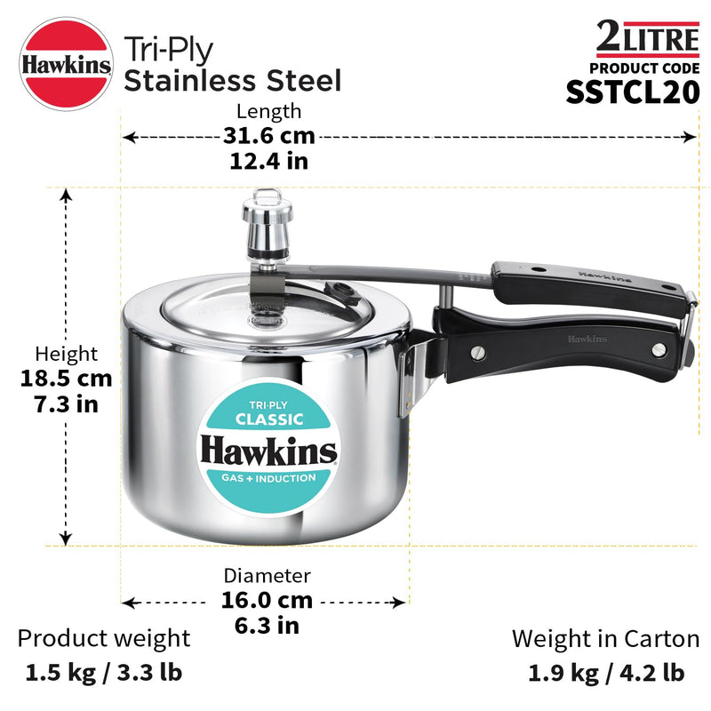 Hawkins Triply 2 Litre Classic Pressure Cooker, Triply Stainless Steel Induction Inner Lid & Small Cooker, Silver (SSTCL20)