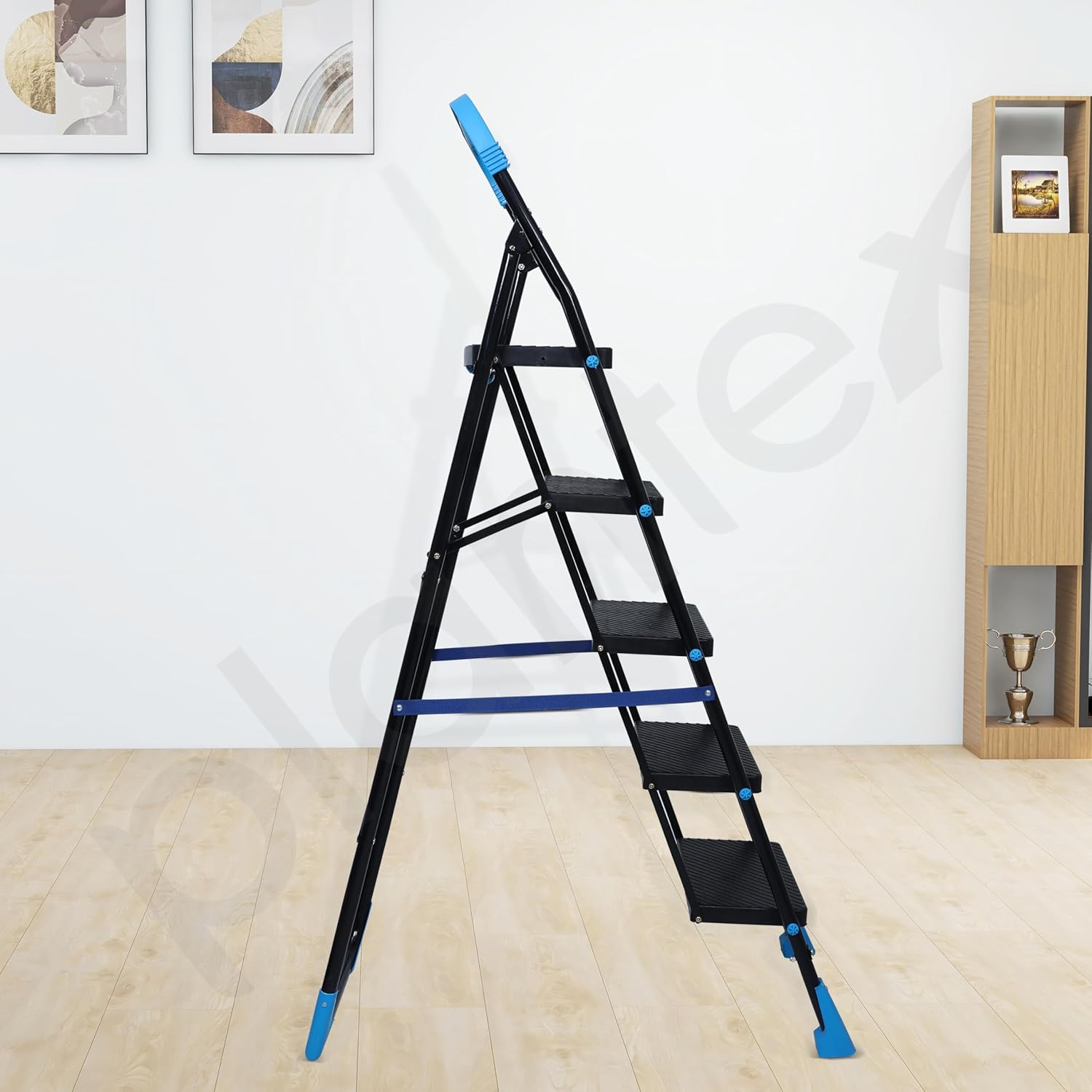 Plantex Stylo Heavy-Duty Mild-Steel Folding 5 Step Ladder for Home with Advanced Locking System/Wide Anti-Skid Step Ladder (Black & Blue)